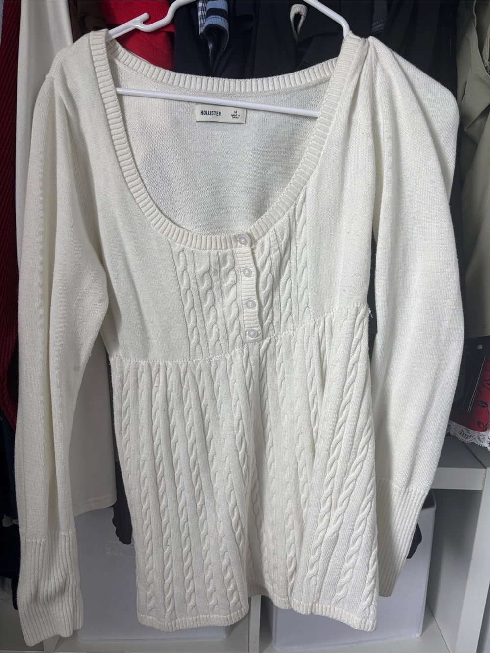 Hollister Cream Cable-Knit Babydoll Scoop Neck Top